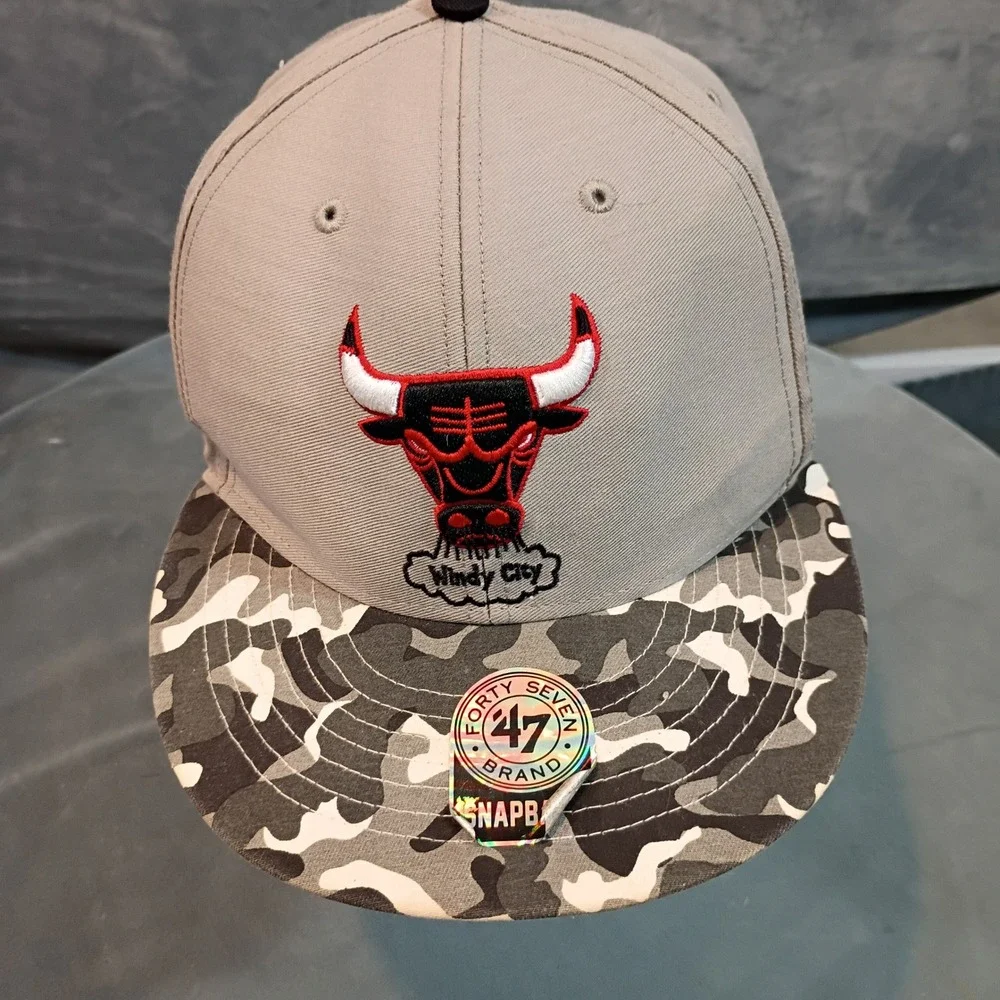 47 Brand Chicago Bulls Windy City Snapback Hat Grey Camo NBA Hardwood Classics